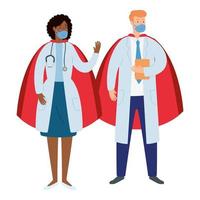 Doctors wearing face masks as super heroes vector