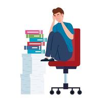 Nervous man sitting on a chair with a lot of work to do vector