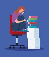 Nervous woman sitting on a chair with a lot of work to do vector