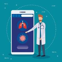 tecnología de medicina en línea con médico y teléfono inteligente vector