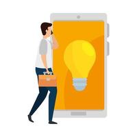 Young man with suitcase and smartphone with light bulb vector