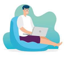 Man on a bean bag working with his laptop vector