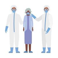 Elder woman with mask and doctors with protective suits against Covid 19 vector design