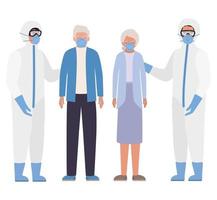 Elder woman and man with masks and doctors with protective suits against Covid 19 vector design