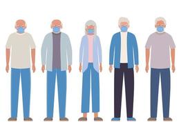 Hombres y mujeres mayores con máscaras contra el diseño vectorial covid 19 vector