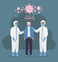 Elder man with mask and doctors with protective suits against Covid 19 design vector