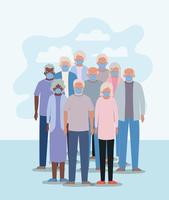 Elder women and men with masks against Covid 19 design vector