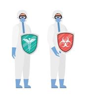 médicos con trajes de protección y escudos contra el diseño vectorial del virus ncov 2019 vector