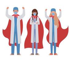 women and man doctors heroes with capes against 2019 ncov virus vector design