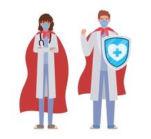 woman and man doctors heroes with capes and shield against 2019 ncov virus vector design