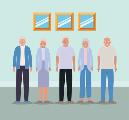 Grandmothers and grandfathers avatars inside room vector design