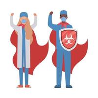 woman and man doctors heroes with capes and shield against 2019 ncov virus vector design