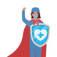 woman doctor hero with cape and shield against 2019 ncov virus vector design