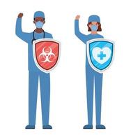 woman and man doctors heroes with shields against 2019 ncov virus vector design