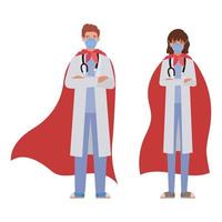 woman and man doctors heroes with capes against 2019 ncov virus vector design