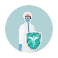 Doctor with protective suit and shield against 2019 ncov virus vector design