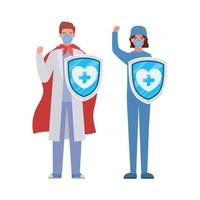 woman and man doctors heroes with cape and shields against 2019 ncov virus vector design
