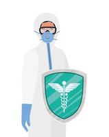 Médico con traje protector y escudo contra el diseño vectorial del virus ncov 2019 vector