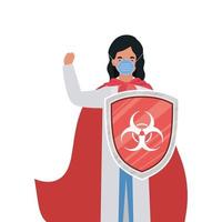 woman doctor hero with cape and shield against 2019 ncov virus vector design