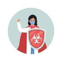 Mujer médico héroe con capa y escudo contra el diseño vectorial del virus ncov 2019 vector