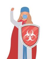 woman doctor hero with cape and shield against 2019 ncov virus vector design