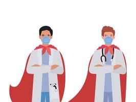 men doctors heroes with capes against 2019 ncov virus vector design