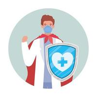 man doctor hero with cape and shield against 2019 ncov virus vector design