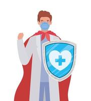 man doctor hero with cape and shield against 2019 ncov virus vector design