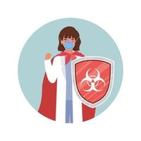 woman doctor hero with cape and shield against 2019 ncov virus design vector