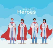 men and women doctors heroes with capes against 2019 ncov virus vector design