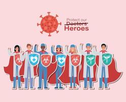 men and women doctors heroes with capes and shields against 2019 ncov virus vector design