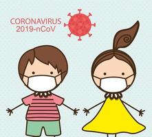 Boy and girl kids with masks against 2019 ncov virus vector design