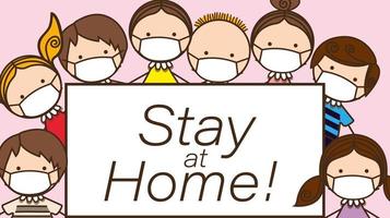 Boys and girls kids with masks and stay at home banner against 2019 ncov virus vector design