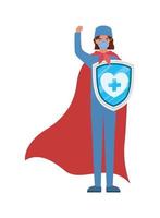 woman doctor hero with cape and shield against 2019 ncov virus vector design