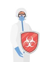 Médico con traje protector y escudo contra el diseño vectorial del virus ncov 2019 vector