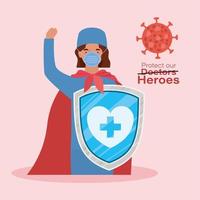 Mujer médico heroína con capa y escudo contra el diseño vectorial 2019 vector