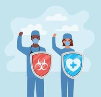 man and woman doctors heroes with shields against 2019 ncov virus vector design