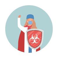 woman doctor hero with cape and shield against 2019 ncov virus vector design