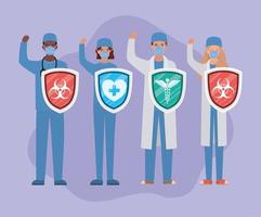 men and women doctors heroes with shields against 2019 ncov virus vector design