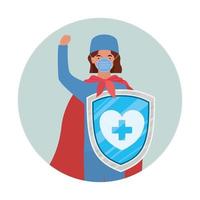 woman doctor hero with cape and shield against 2019 ncov virus vector design