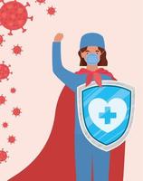 woman doctor hero with cape and shield against 2019 vector design