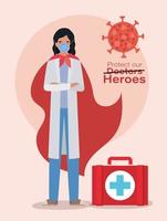 Mujer médico heroína con capa y botiquín médico contra el diseño vectorial 2019 vector