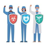 woman and men doctors heroes with shields against 2019 ncov virus vector design