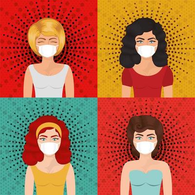 Pop art women with masks over pointed background vector design