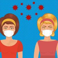 Pop art women with masks over pointed background vector design