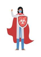 woman doctor hero with cape and shield against 2019 ncov virus vector design