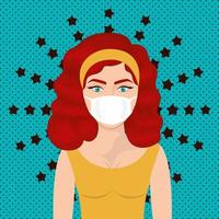 Pop art woman with mask over pointed and starry background vector design