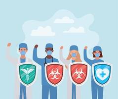 men and women doctors heroes with shields against 2019 ncov virus vector design