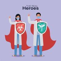 man and woman doctors heroes with capes and shields against 2019 ncov virus vector design