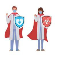 woman and man doctors heroes with capes and shields against 2019 ncov virus vector design